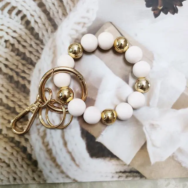 Alt view image 7 of 7 - Wristlet Keychain Silicone Beaded Key Ring Bracelet for Women Elastic Bangle Key Chain Holder (Gold bead + white bead)