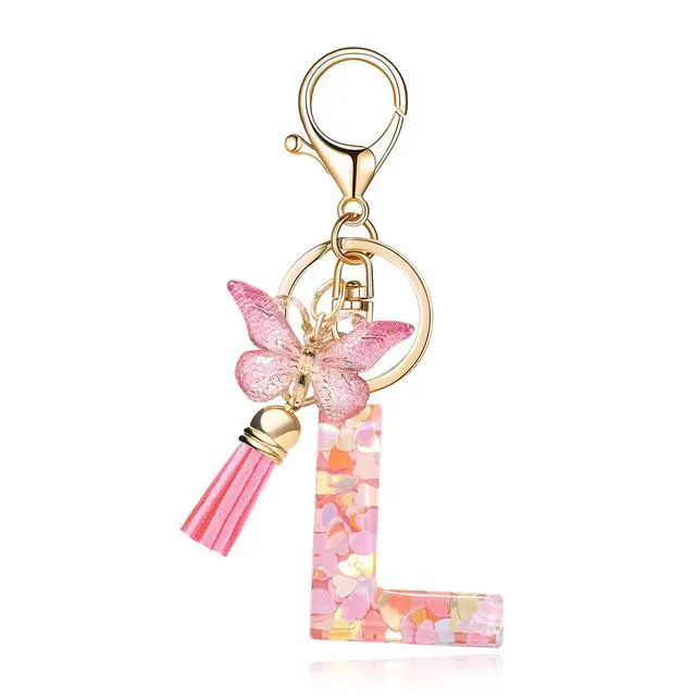 Main image of Fashion Alphabet Initial Letter Keychain Tassel Butterfly Pendant Key Ring for Purse Handbags Women Girl ('L')