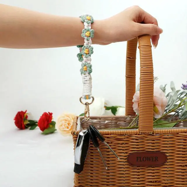 Alt view image 2 of 5 - Macrame Keychain Handmade Wristlet Keychain Wrist Lanyard for Keys Cute flower keychain Key Chain for Women(3)