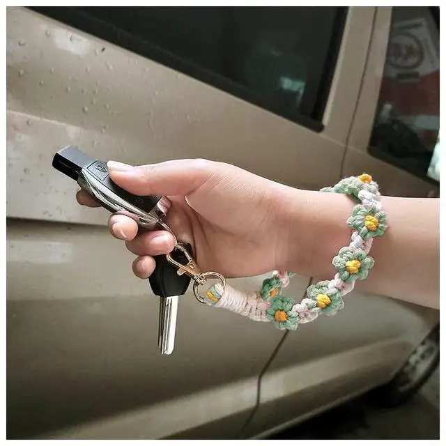 Alt view image 4 of 5 - Macrame Keychain Handmade Wristlet Keychain Wrist Lanyard for Keys Cute flower keychain Key Chain for Women(3)