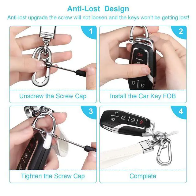 Alt view image 4 of 6 - Genuine Leather Car Keychain,Universal Heavy Duty Metal Key Chain Accessories,Car Fob Key Keychain Holder with 360 Degree Rotatable Snap Swivel and Anti-Lost D-Ring for Men Women(White)