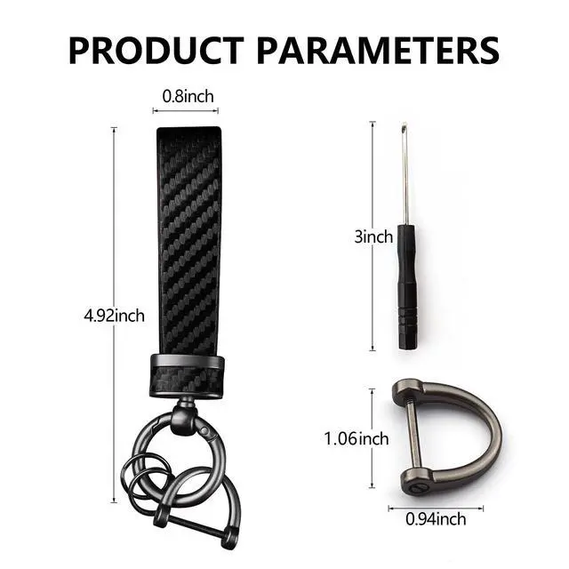 Alt view image 2 of 7 - Leather Car Keychain - Carbon Fiber Interior Key Fob with Anti-Lost D-Ring - Car Accessory Key Ring (Black)