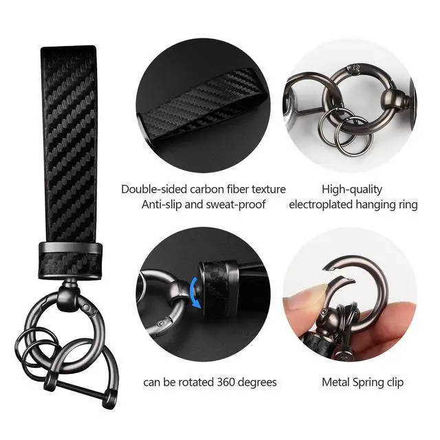 Alt view image 4 of 7 - Leather Car Keychain - Carbon Fiber Interior Key Fob with Anti-Lost D-Ring - Car Accessory Key Ring (Black)