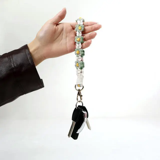 Alt view image 3 of 5 - Macrame Keychain Handmade Wristlet Keychain Wrist Lanyard for Keys Cute flower keychain Key Chain for Women(3)