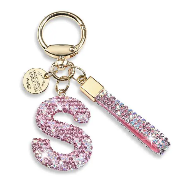 Main image of Pink Blue White Initial Letter Keychain Gift for Women Girls Bling Sparkly Cute Backpack Car Key Accessories Lanyard (S-pink)