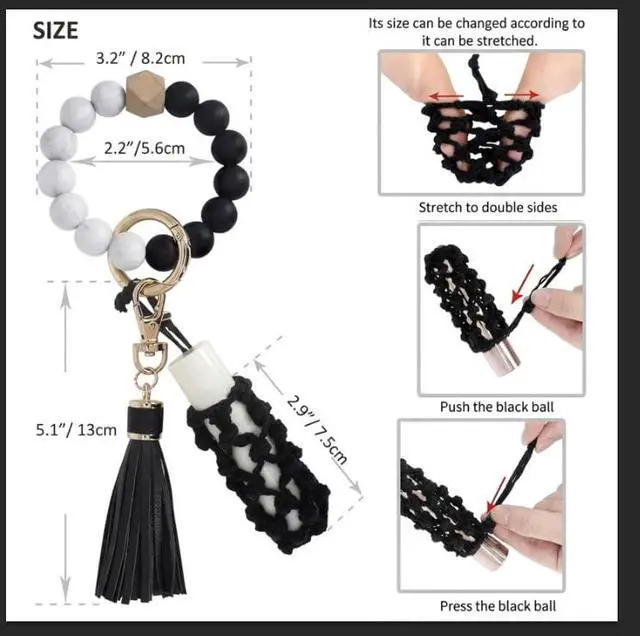 Alt view image 2 of 7 - Keyring Wallet Keychain Silicone Beads Bracelet Wristlet with Hand-knitted Net Chapstick Holder Bag PU leather Tassel for Women and Girls House Car Keys Ring Holder Bangle