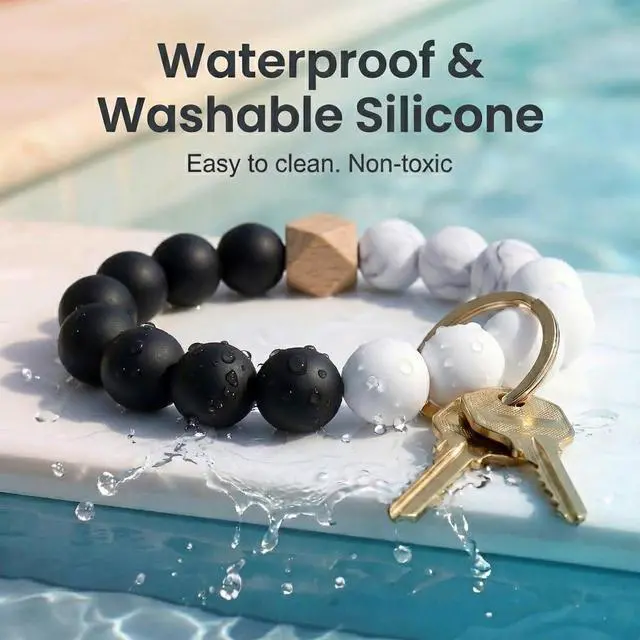 Alt view image 5 of 7 - Keyring Wallet Keychain Silicone Beads Bracelet Wristlet with Hand-knitted Net Chapstick Holder Bag PU leather Tassel for Women and Girls House Car Keys Ring Holder Bangle