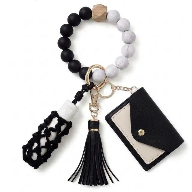 Main image of Keyring Wallet Keychain Silicone Beads Bracelet Wristlet with Hand-knitted Net Chapstick Holder Bag PU leather Tassel for Women and Girls House Car Keys Ring Holder Bangle