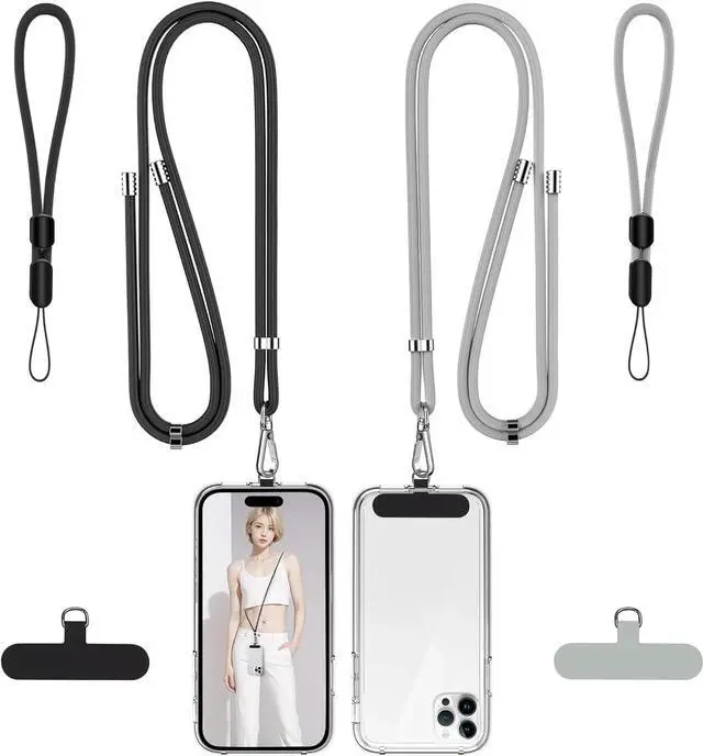 Main image of Phone Lanyard, 2 Pack Adjustable Cell Phone Lanyard Crossbody Neck Strap & 2 Pack Phone Wrist Strap with 2 Pcs Tether Tabs Compatible for iPhone Android Smartphones-Black Grey