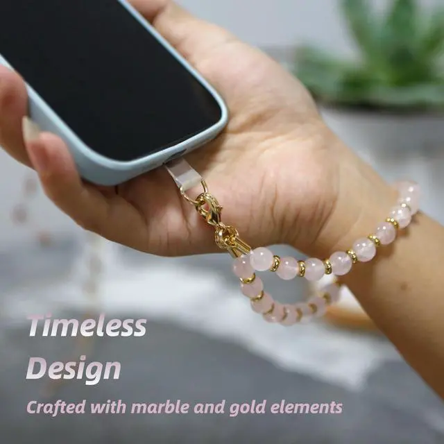 Alt view image 4 of 4 - Marble Beaded Phone Wrist Strap,Detachable Phone Bracelet Strap with Tether Tab,Hands-Free Wristlet Strap (Rose Quartz)