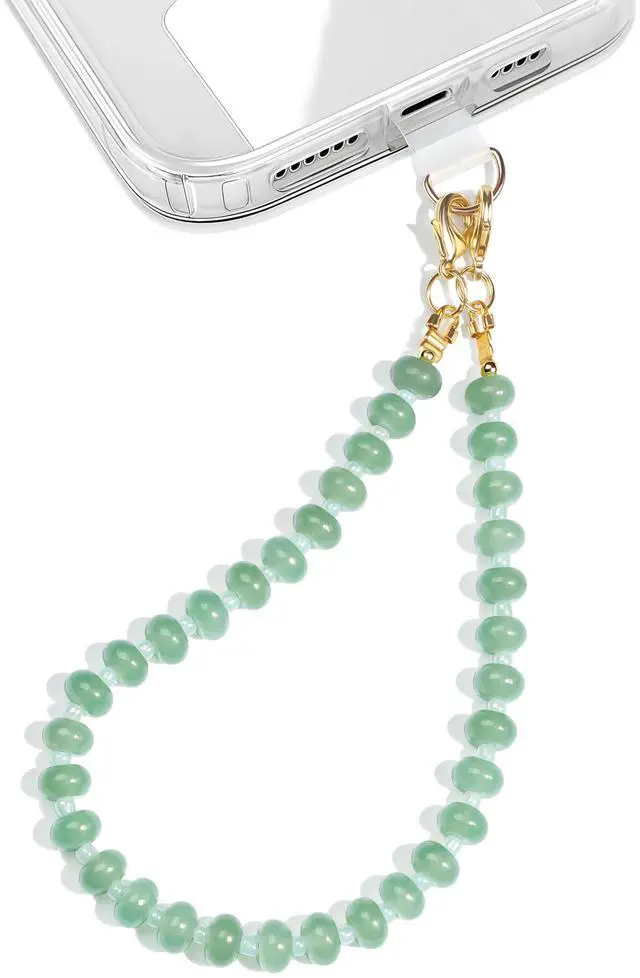 Main image of Natural Stone Beaded Phone Wrist Strap for Women Detachable Chain Wristlet, Durable 304 Stainless Steel Core (Green Aventurine)