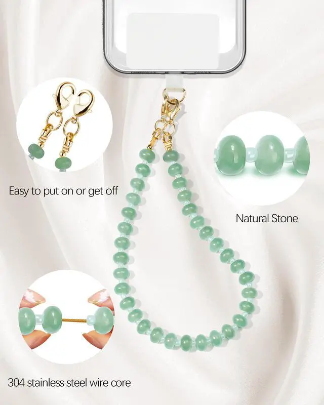 Alt view image 5 of 7 - Natural Stone Beaded Phone Wrist Strap for Women Detachable Chain Wristlet, Durable 304 Stainless Steel Core (Green Aventurine)