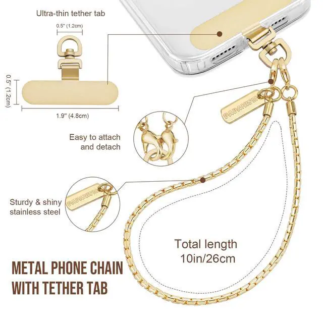 Alt view image 3 of 7 - Phone Wrist Strap Metal Phone Chain Wristlet Strap, Detachable Cellphone Lanyard Wrist with Tether Tab, Hands-Free Phone Charm for Women Girls Party Traveling Shopping, Gold