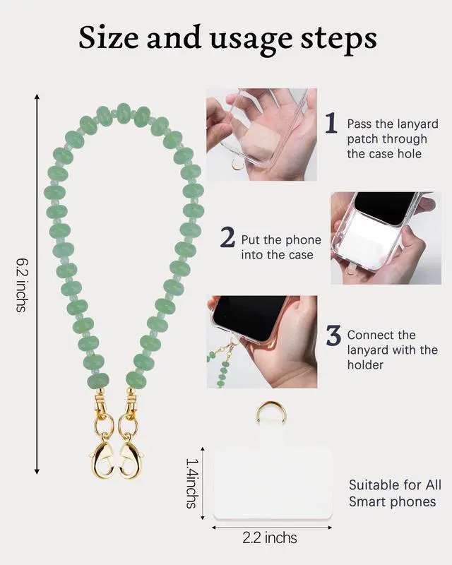 Alt view image 7 of 7 - Natural Stone Beaded Phone Wrist Strap for Women Detachable Chain Wristlet, Durable 304 Stainless Steel Core (Green Aventurine)
