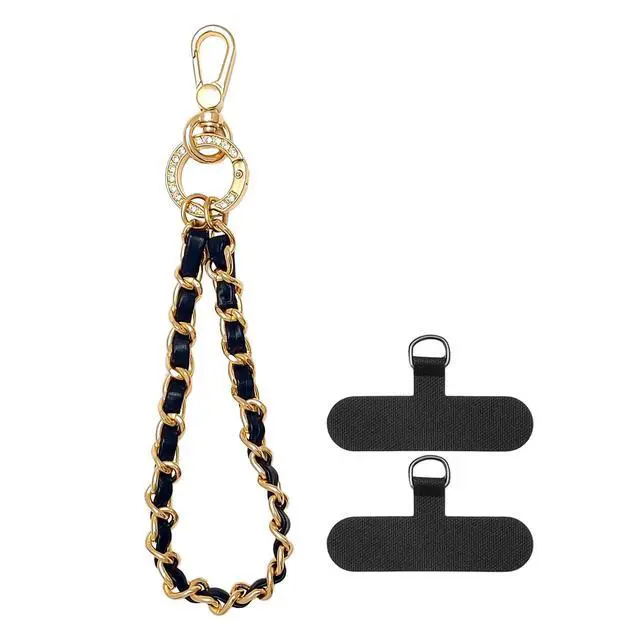 Main image of Phone Wrist Strap with Metal Chain Phone Lanyard Wrist with 2 Tether Tabs Metal Leather Cellphone Charm Chain (Gold)