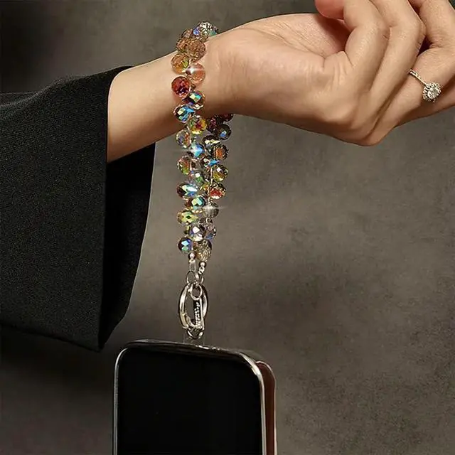 Alt view image 7 of 7 - Sparkling Crystal Beaded Phone Wrist Strap - Cell Phone Lanyard Keychain Wristlet Phone Chain - Short Lanyards for Women - Droplet Crystals