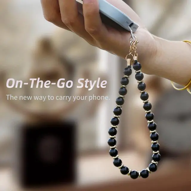 Alt view image 2 of 6 - Marble Beaded Phone Wrist Strap,Detachable Phone Bracelet Strap with Tether Tab,Hands-Free Wristlet Strap (Obsidian-Black)