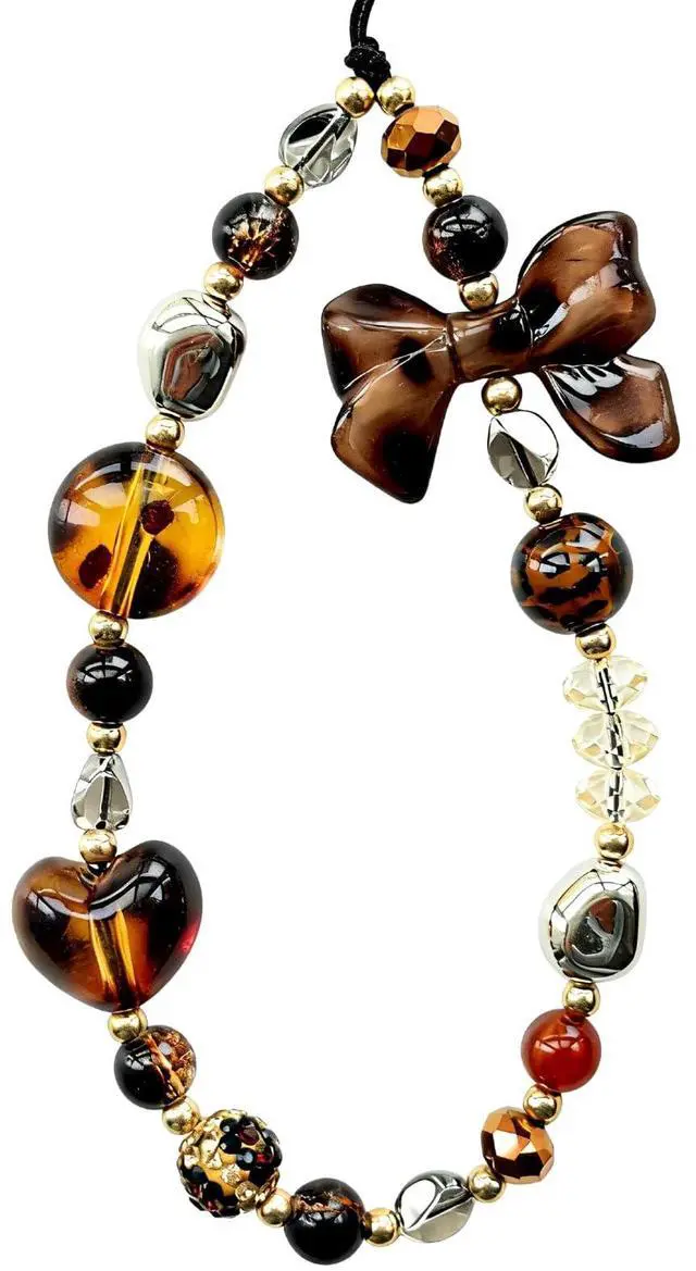 Main image of Beaded Camera Wrist Strap Cute Digital Camera Charm Lanyard Phone Charms Strap Beaded Camera Chain for Phone Bag Keychain (Leopard Bow)