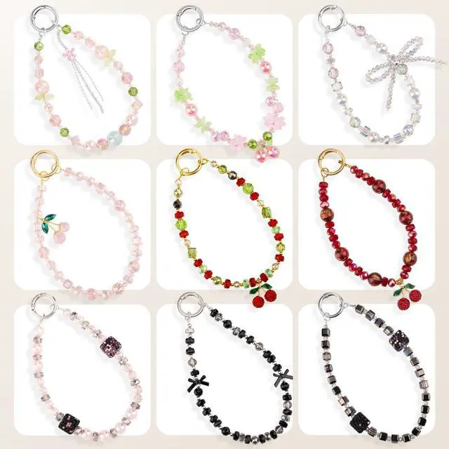 Alt view image 4 of 6 - Phone Charm Wrist Strap, Beaded Phone Bracelet Strap for Women, Wristlet Chain for Cellphone Camera, Pink Cherry
