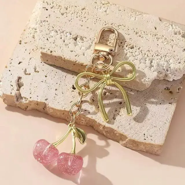Alt view image 5 of 6 - Cherry Keychain Cute Bag Charm Women Leather Keyring Car Keys Gift Mother's Day Birthday Valentine's Purse Accessory (Pink)
