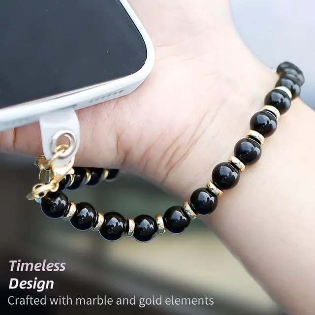 Alt view image 6 of 6 - Marble Beaded Phone Wrist Strap,Detachable Phone Bracelet Strap with Tether Tab,Hands-Free Wristlet Strap (Obsidian-Black)