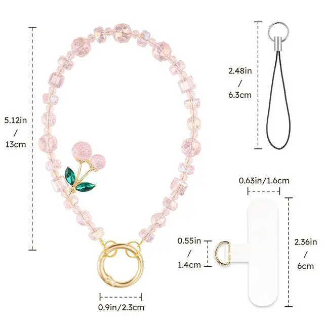 Alt view image 2 of 6 - Phone Charm Wrist Strap, Beaded Phone Bracelet Strap for Women, Wristlet Chain for Cellphone Camera, Pink Cherry