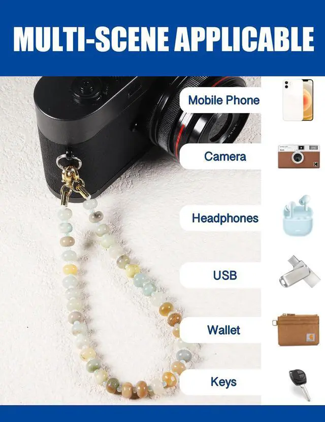 Alt view image 3 of 6 - Handmade Natural Gemstone Crystal Beaded Charm Cell Phone Camera Lanyard, Hands-Free Wrist Strap, Phone Chain String, Keychain Decor for Walle (Blue Aventurine)