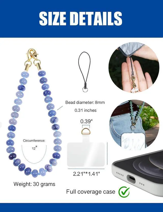 Alt view image 5 of 6 - Handmade Natural Gemstone Crystal Beaded Charm Cell Phone Camera Lanyard, Hands-Free Wrist Strap, Phone Chain String, Keychain Decor for Walle (Blue Aventurine)