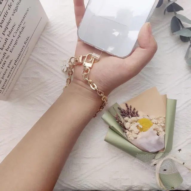Alt view image 2 of 5 - Phone Charms Strap Phone Wrist Strap With Cute White Flower Phone Lanyard Metal Chain CellPhone Charms Hands-Free Wrist Strap PhoneChain Strap for Women