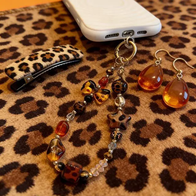 Alt view image 3 of 7 - Phone Charm with Crystal/Handpainted Bead, Kawaii Hands-Free Wrist Strap for Women Girl, Cute Star & Bow Leopard Print Shell Bead, Luxury Bling Diamond Glitter Beaded, Phone Lanyard