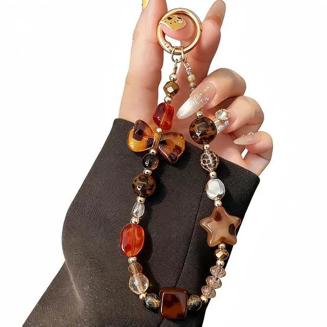 Main image of Phone Charm with Crystal/Handpainted Bead, Kawaii Hands-Free Wrist Strap for Women Girl, Cute Star & Bow Leopard Print Shell Bead, Luxury Bling Diamond Glitter Beaded, Phone Lanyard