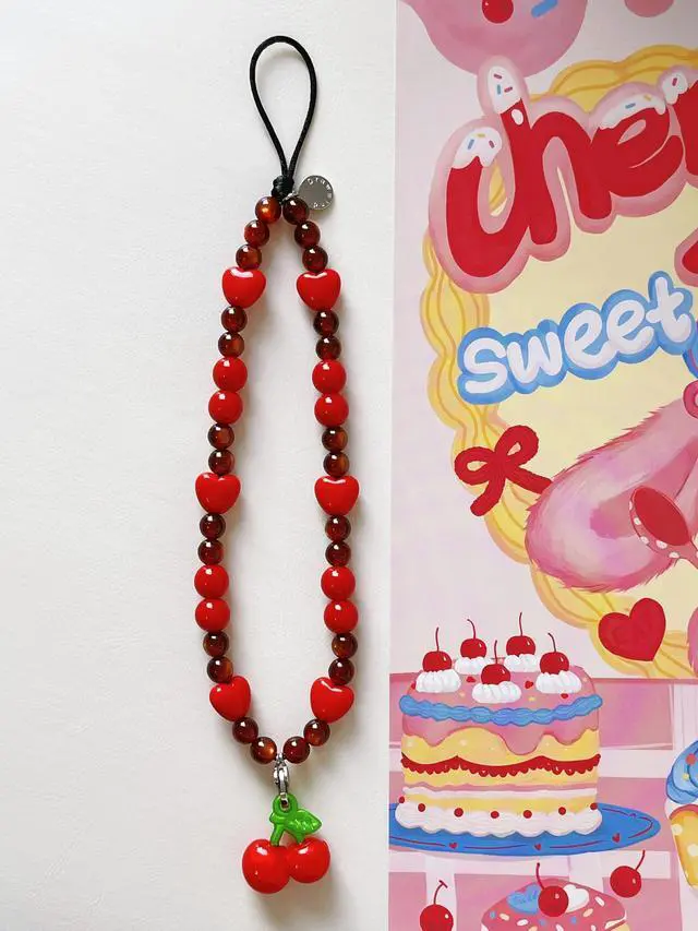 Alt view image 3 of 6 - Phone Charm Beaded Wristlet Strap Universal Cell Phone Lanyard Cute Bracelet Wrist Strap Beaded Chain String Handmade Accessories for Case Camera Bags (Sweet Cherries)