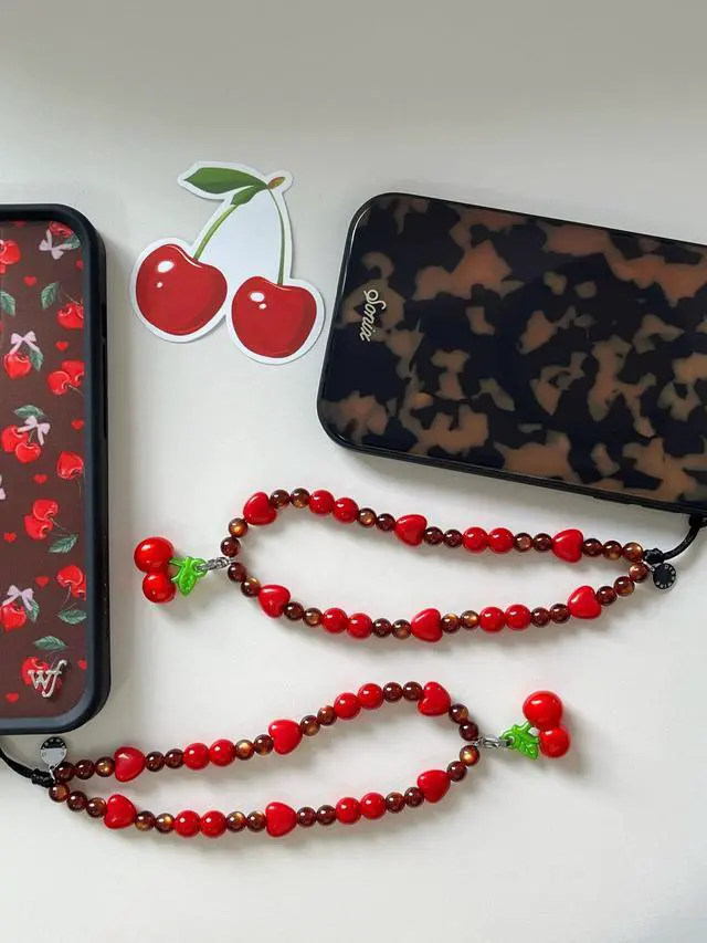 Alt view image 6 of 6 - Phone Charm Beaded Wristlet Strap Universal Cell Phone Lanyard Cute Bracelet Wrist Strap Beaded Chain String Handmade Accessories for Case Camera Bags (Sweet Cherries)