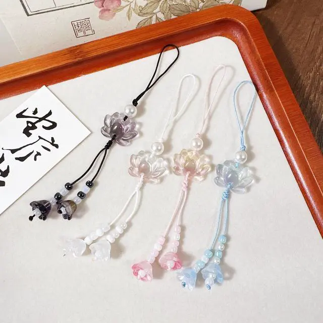 Alt view image 3 of 5 - Cute Flower Phone Charm Lotus Flower Pearl Beaded Camera Phone Strap Bag Charm Y2K Accessories(Black)