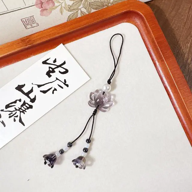 Alt view image 2 of 5 - Cute Flower Phone Charm Lotus Flower Pearl Beaded Camera Phone Strap Bag Charm Y2K Accessories(Black)