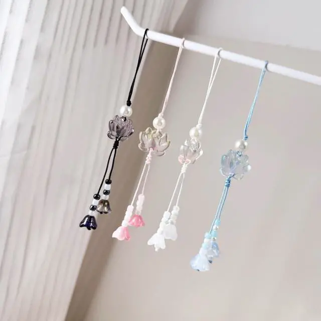 Alt view image 4 of 5 - Cute Flower Phone Charm Lotus Flower Pearl Beaded Camera Phone Strap Bag Charm Y2K Accessories(Black)