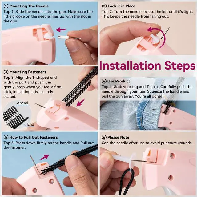 Alt view image 3 of 7 - Stitch Gun for Clothes, Pink Handheld Stitching Gun Quick Clothing Fixer, 0.5mm Sewing Kit Includes 1500 Black Fasteners and 1500 White Fasteners