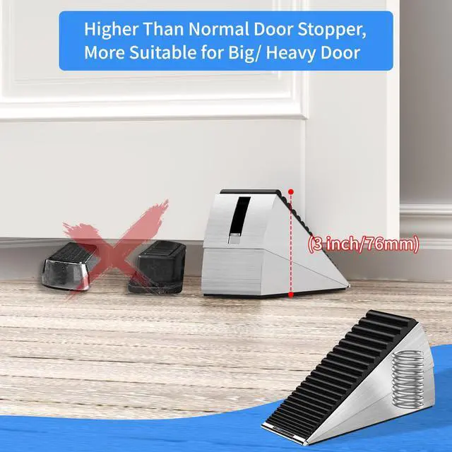 Alt view image 2 of 6 - 2 Pack Heavy Duty Door Stoppers for Bottom of Door, 3 Inches High Adjustable Spring Large Door Stop Wedge, Non-Slip Rubber Grip, Tall Metal Doorstop Suits Home, School, Carpet, Tile, Wood