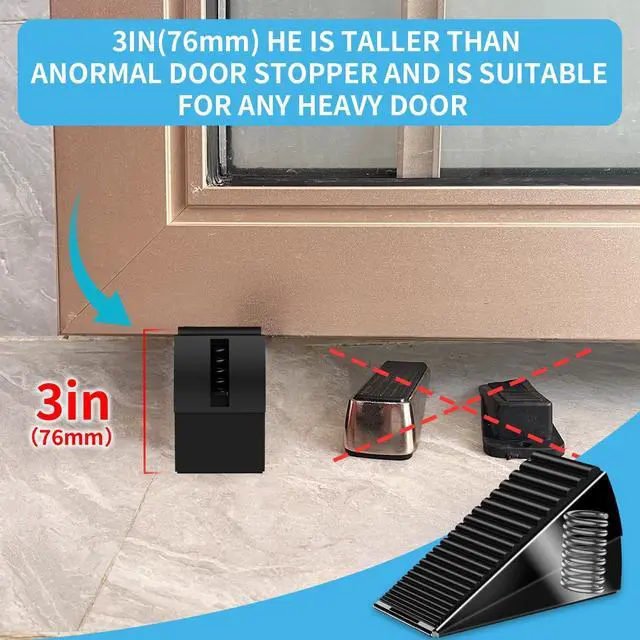 Alt view image 4 of 7 - Door Stoppers for Bottom of Door- Large Spring Heavy Duty Door Stop Wedge, 3'' High Adjustable Metal Tall Doorstop, Strongest Rubber Grip, Suits Carpet, Tile, Home, School +1 Wall Protector