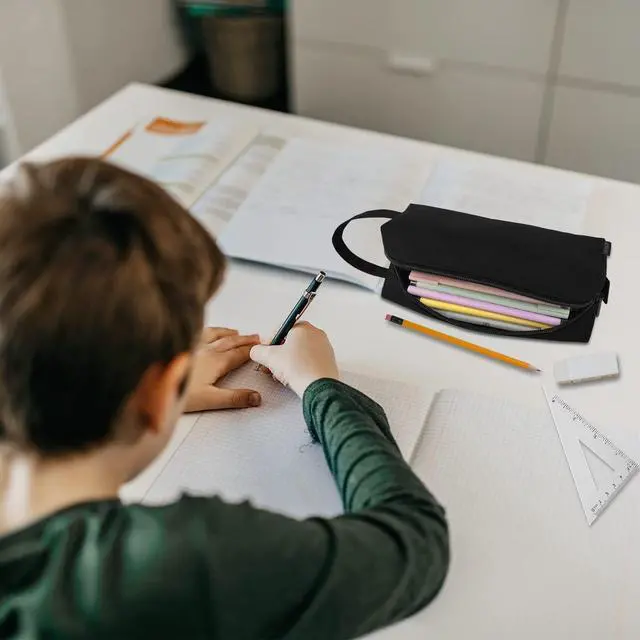 Alt view image 7 of 7 - Pencil Case Pouch - Water Resistant Pencil Pouch Portable Pencil Bag Simple Office Stationery Pouch with Handle Back to School Supplies - Black