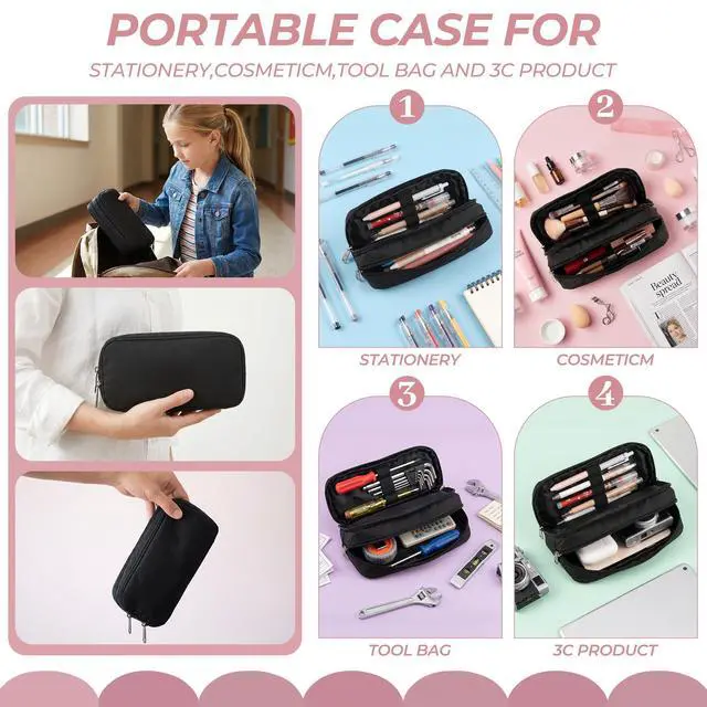 Alt view image 4 of 7 - Large Pencil Case, Big Capacity Pencil Pouch with 2 Compartments, Office Pencil Bag with Zipper, Big Pen Case for Adults (01-Black)