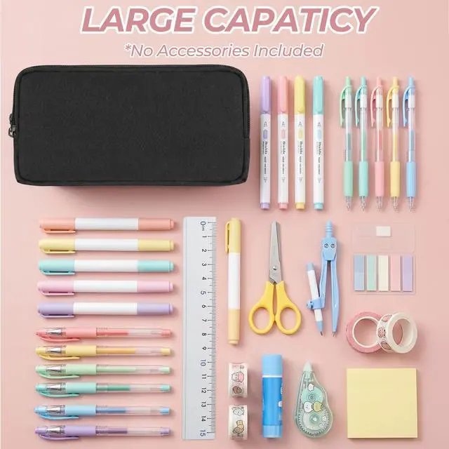 Alt view image 7 of 7 - Large Pencil Case, Big Capacity Pencil Pouch with 2 Compartments, Office Pencil Bag with Zipper, Big Pen Case for Adults (01-Black)