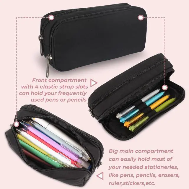 Alt view image 2 of 7 - Large Pencil Case, Big Capacity Pencil Pouch with 2 Compartments, Office Pencil Bag with Zipper, Big Pen Case for Adults (01-Black)