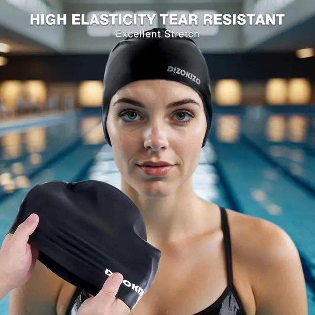 Alt view image 3 of 7 - 2pcs High Elasticity Silicone Swim Cap for Women and Men, Comfortable Non-Slip Swimming Caps for Long and Short Hair, Durable Waterproof Swim Hats for Adults, Keep Hair Dry (Grey & Black)