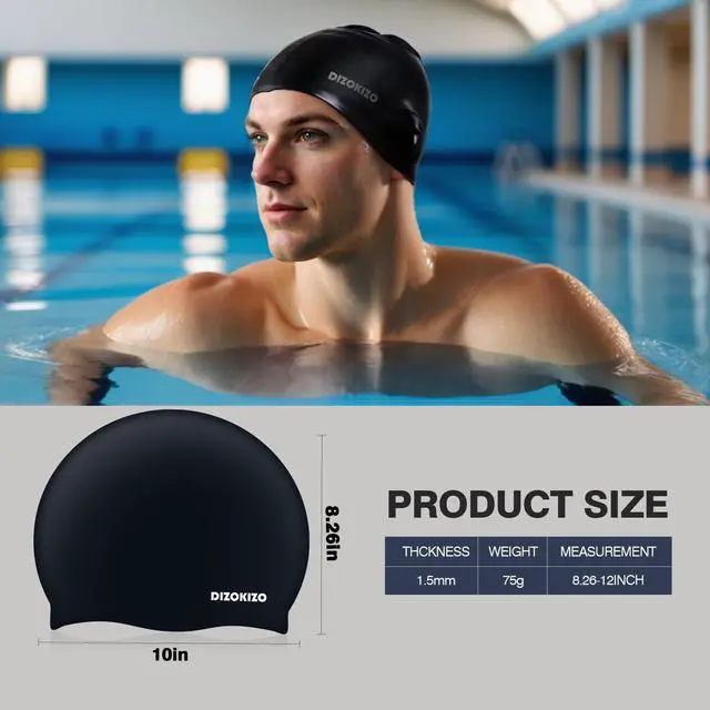 Alt view image 6 of 7 - 2pcs High Elasticity Silicone Swim Cap for Women and Men, Comfortable Non-Slip Swimming Caps for Long and Short Hair, Durable Waterproof Swim Hats for Adults, Keep Hair Dry (Grey & Black)