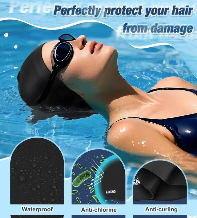Alt view image 3 of 7 - Swim Caps for Long Hair, Durable Silicone Swimming Caps for Women Men Adults Youths, Easy to Put On and Off, Waterproof Swim Hats Bathing Caps to Keep Hair Dry, 1 Pack, Black