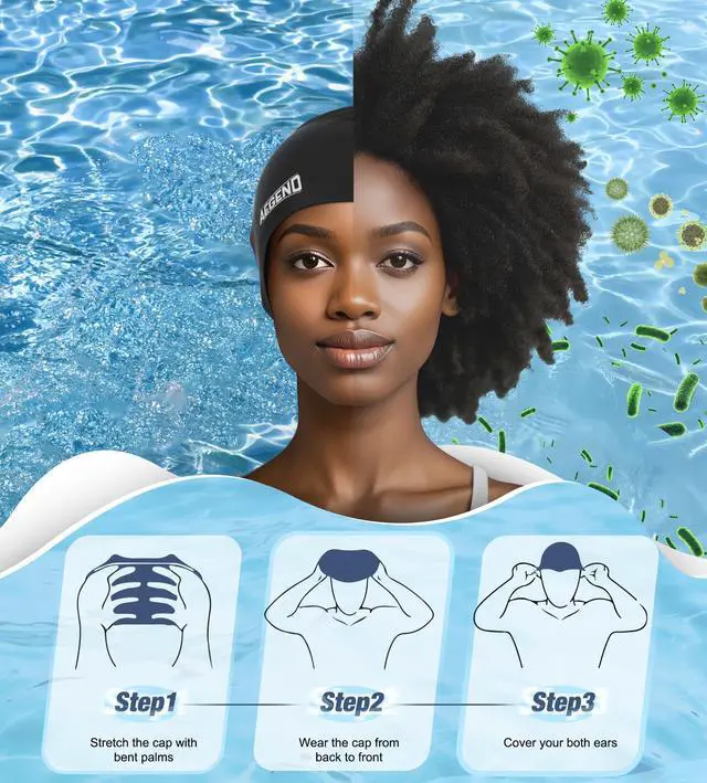 Alt view image 6 of 7 - Swim Caps for Long Hair, Durable Silicone Swimming Caps for Women Men Adults Youths, Easy to Put On and Off, Waterproof Swim Hats Bathing Caps to Keep Hair Dry, 1 Pack, Black