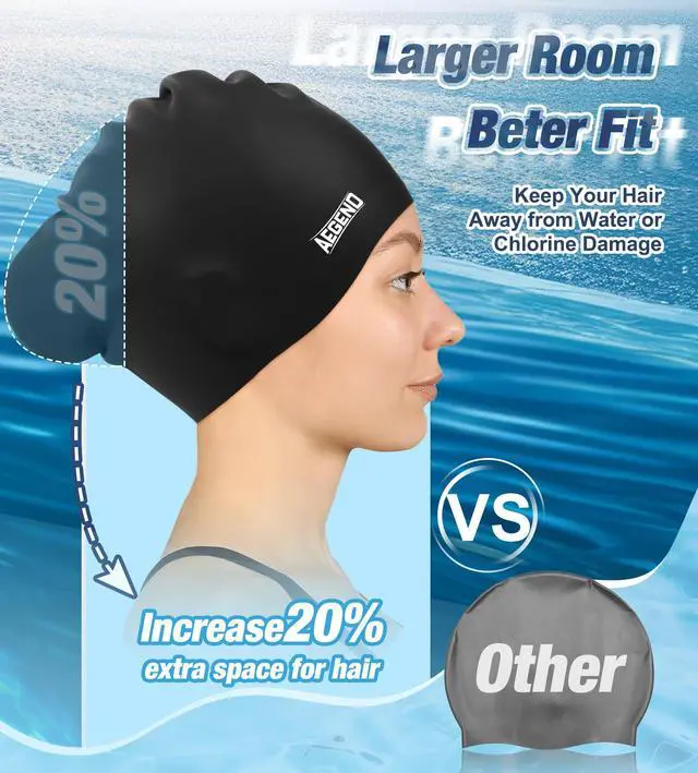 Alt view image 2 of 7 - Swim Caps for Long Hair, Durable Silicone Swimming Caps for Women Men Adults Youths, Easy to Put On and Off, Waterproof Swim Hats Bathing Caps to Keep Hair Dry, 1 Pack, Black