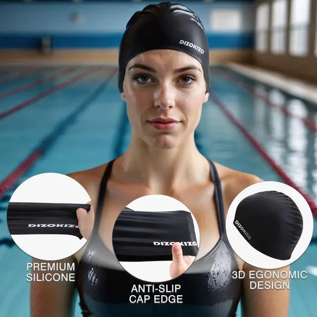 Alt view image 4 of 7 - 2pcs High Elasticity Silicone Swim Cap for Women and Men, Comfortable Non-Slip Swimming Caps for Long and Short Hair, Durable Waterproof Swim Hats for Adults, Keep Hair Dry (Grey & Black)