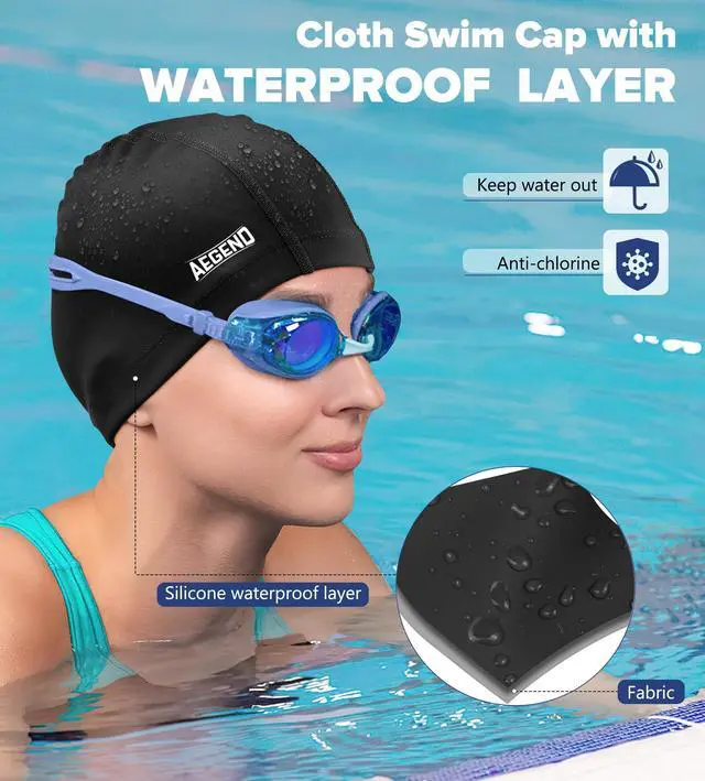 Alt view image 2 of 7 - Fabric Swim Cap, Silicone Waterproof Layer - Breathable Cloth Swimming Cap, Keep Hair Dry with Hight Elasticity for Adult (Black, Medium)